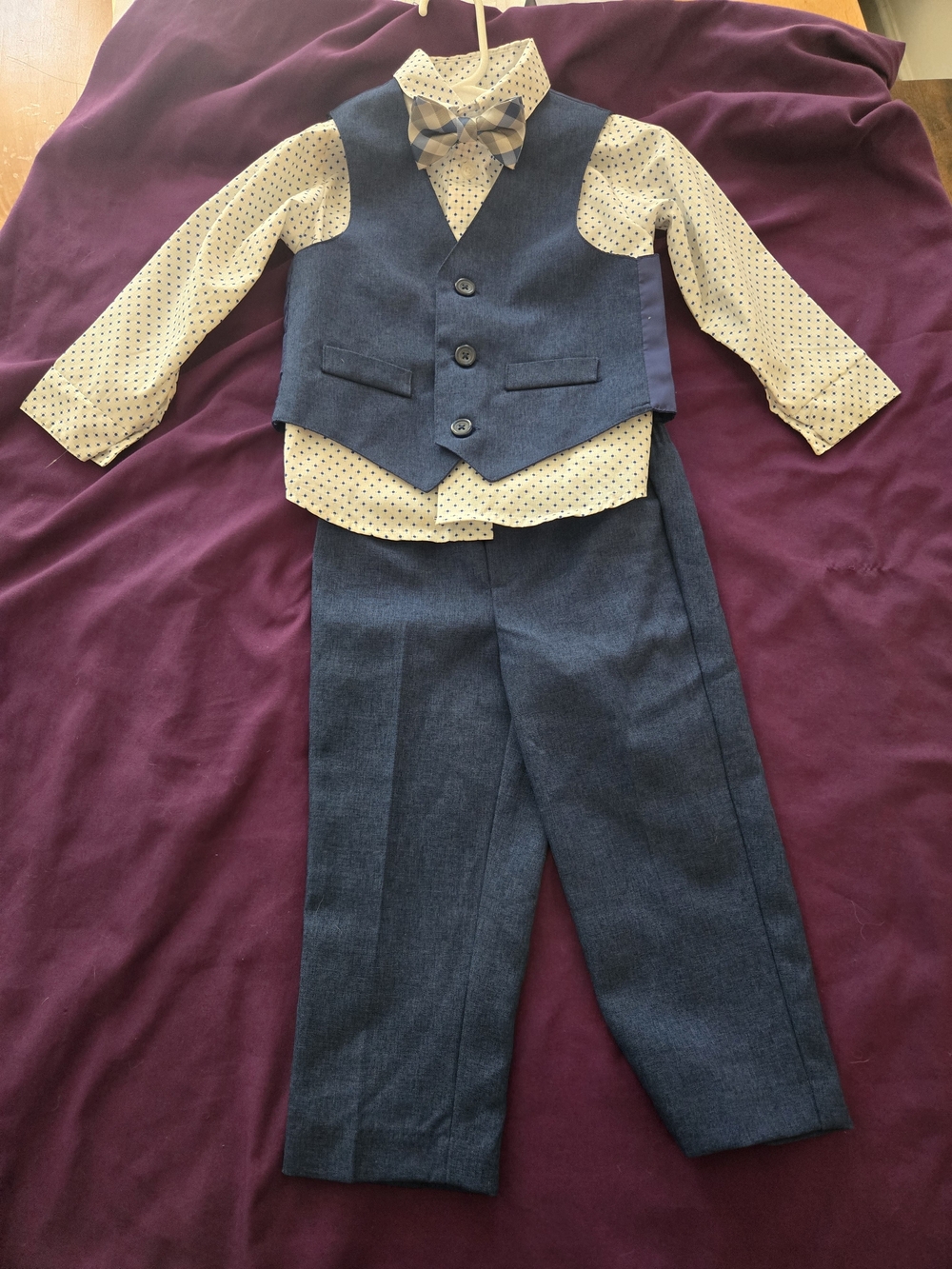 Van Heusen Boys Navy Blue Vest & Pants Set with Polka Dot Shirt and Bow Tie